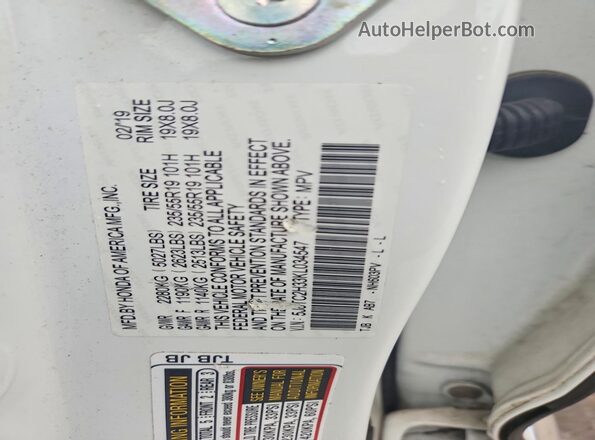 5J8TC2H33KL034547 2019 ACURA RDX White 