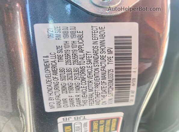 5J8TC2H33ML033725 2021 ACURA RDX Gray Vista de la etiqueta del VIN