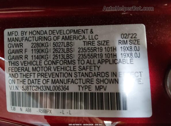5J8TC2H33NL006364 2022 ACURA RDX Red Widok komory silnika
