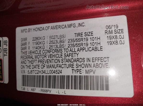 5J8TC2H34LL004524 2020 ACURA RDX Red Widok komory silnika