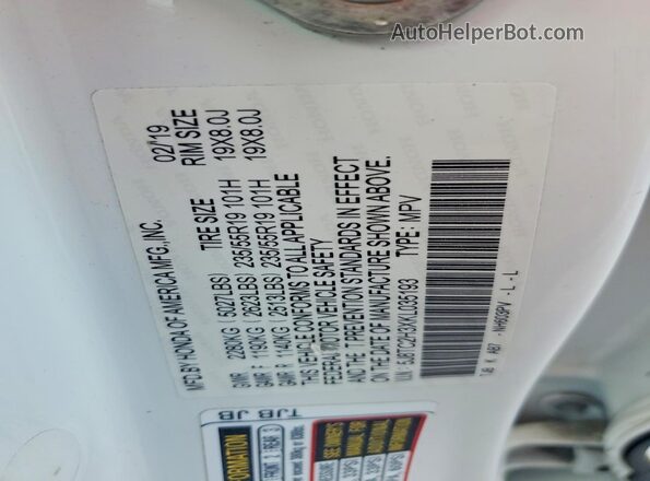 5J8TC2H3XKL035193 2019 ACURA RDX White Vista de la etiqueta del VIN