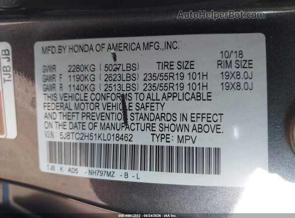 5J8TC2H51KL018462 2019 ACURA RDX Gray Շարժիչի բաժամունքի տեսք