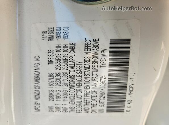 5J8TC2H51KL026724 2019 ACURA RDX Белый Панорамный вид салона 360°