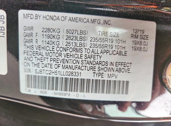 5J8TC2H51LL028331 2020 ACURA RDX Black Vista de la etiqueta del VIN