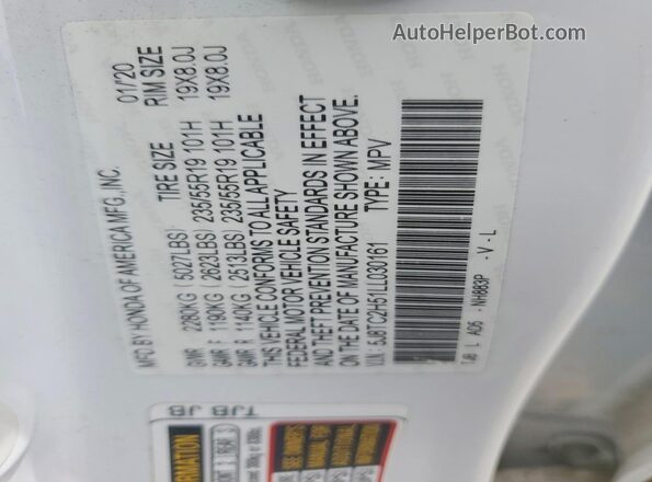 5J8TC2H51LL030161 2020 ACURA RDX White VIN կոդի պիտակի տեսք