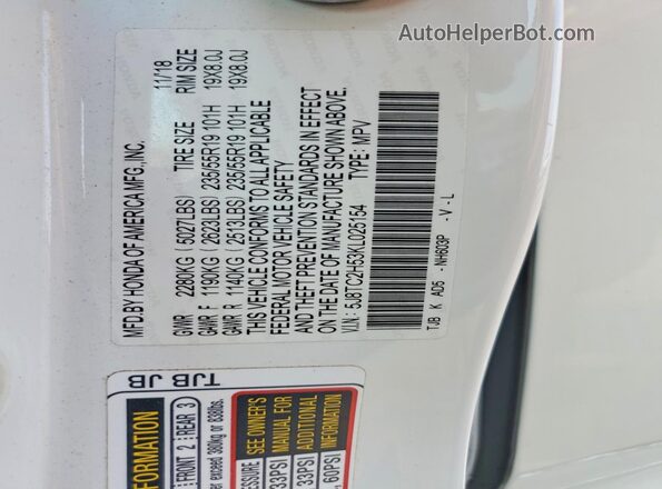 5J8TC2H53KL025154 2019 ACURA RDX Белый Вид наклейки с VIN-кодом