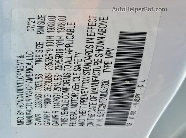 5J8TC2H53ML038330 2021 ACURA RDX White VIN կոդի պիտակի տեսք
