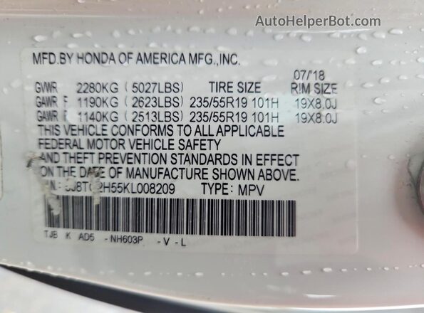 5J8TC2H55KL008209 2019 ACURA RDX White VIN sticker view