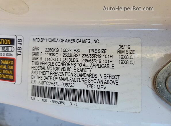 5J8TC2H57LL006723 2020 ACURA RDX White VIN sticker view