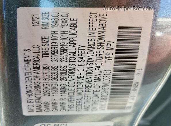 5J8TC2H57NL003131 2022 ACURA RDX Gray Vista de la etiqueta del VIN