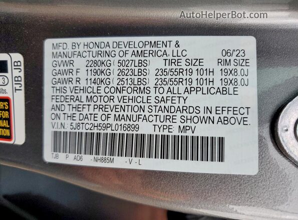 5J8TC2H59PL016899 2023 ACURA RDX Gray Vista de la etiqueta del VIN
