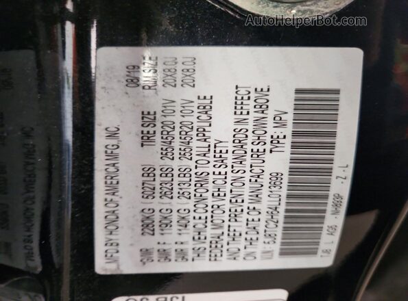 5J8TC2H64LL013699 2020 ACURA RDX Синий Вид наклейки с VIN-кодом
