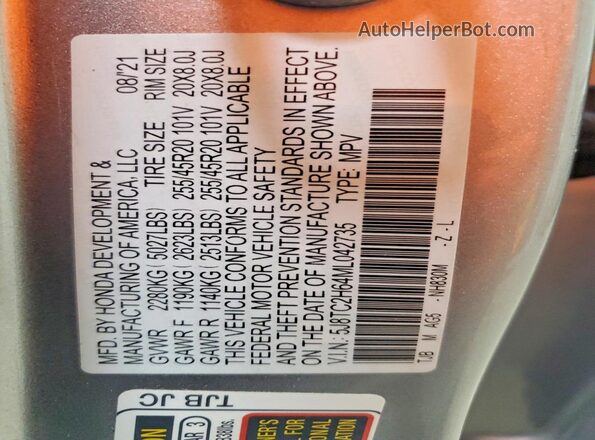 5J8TC2H64ML042735 2021 ACURA RDX Silver Вид наклейки з VIN-кодом