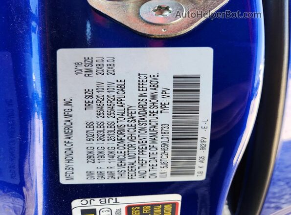 5J8TC2H65KL018733 2019 ACURA RDX Blue VIN sticker view