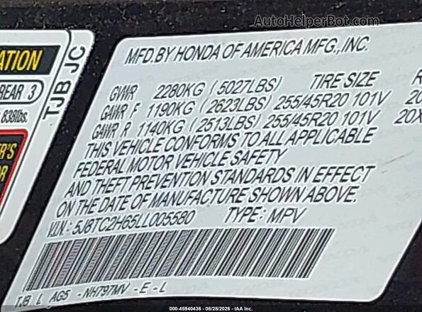 5J8TC2H65LL005580 2020 ACURA RDX Gray Widok komory silnika