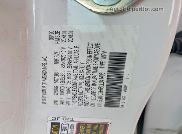 5J8TC2H68LL041408 2020 ACURA RDX White Вид наклейки з VIN-кодом