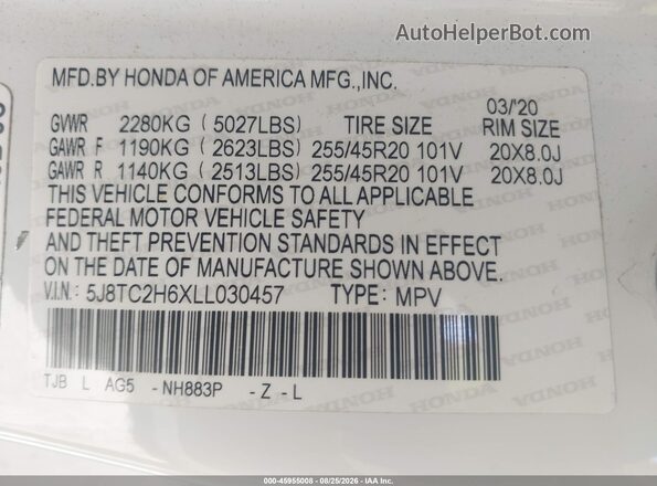 5J8TC2H6XLL030457 2020 ACURA RDX White Vista del compartimento del motor