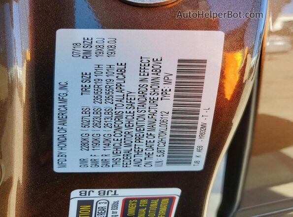 5J8TC2H70KL006112 2019 ACURA RDX Brown Widok naklejki z numerem VIN