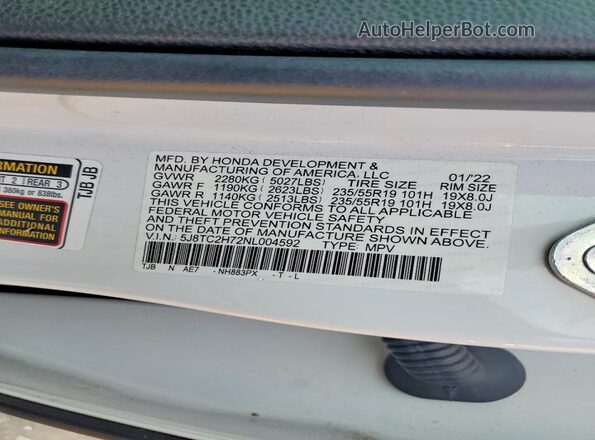 5J8TC2H72NL004592 2022 ACURA RDX White Vista de la etiqueta del VIN