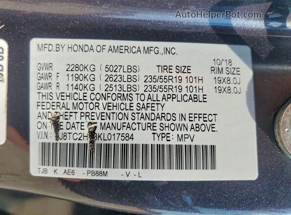 5J8TC2H78KL017584 2019 ACURA RDX Gray Widok naklejki z numerem VIN