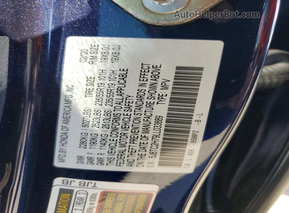 5J8TC2H79LL033889 2020 ACURA RDX Blue Vista de la etiqueta del VIN