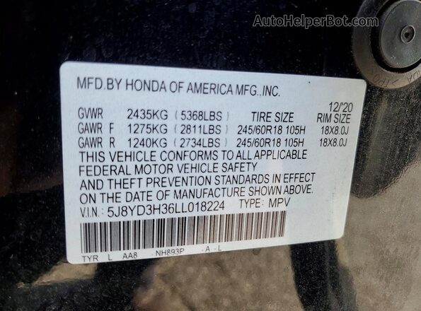 5J8YD3H36LL018224 2020 ACURA MDX Черный Вид наклейки с VIN-кодом