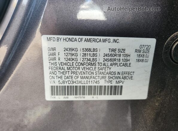 5J8YD3H3XLL011745 2020 ACURA MDX Gray Vista de la etiqueta del VIN