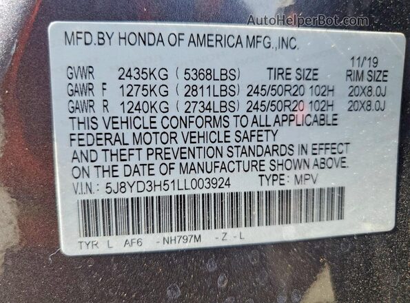 5J8YD3H51LL003924 2020 ACURA MDX Gray Вид наклейки з VIN-кодом