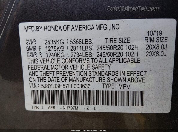 5J8YD3H57LL003636 2020 ACURA MDX Gray Vista del compartimento del motor