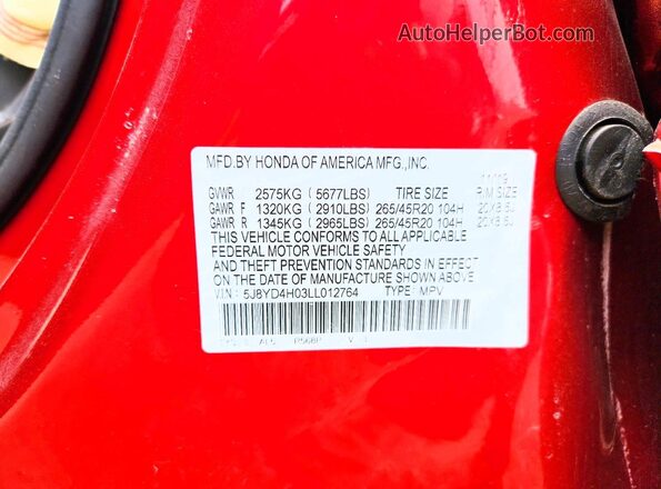 5J8YD4H03LL012764 2020 ACURA MDX Red ძრავის განყოფილების ხედი
