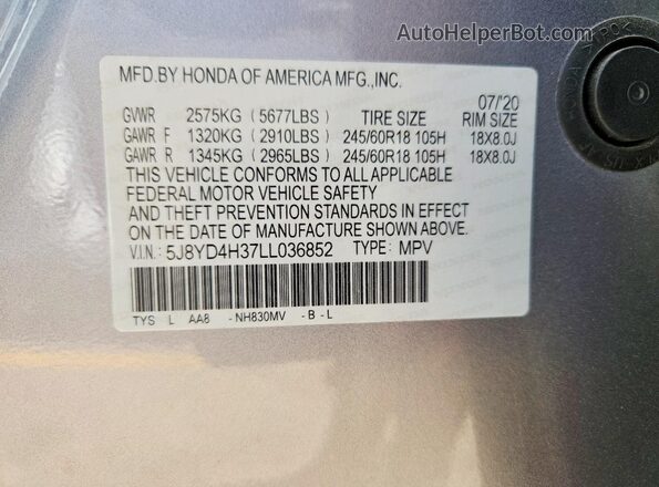 5J8YD4H37LL036852 2020 ACURA MDX Silver Vista del compartimento del motor