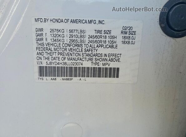 5J8YD4H38LL023074 2020 ACURA MDX White Widok naklejki z numerem VIN