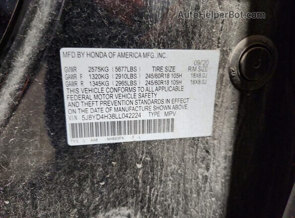 5J8YD4H38LL042224 2020 ACURA MDX Black Вид наклейки з VIN-кодом