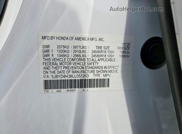 5J8YD4H38LL051263 2020 ACURA MDX White Vista de la etiqueta del VIN