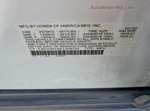 5J8YD4H39LL048792 2020 ACURA MDX White Engine compartment view