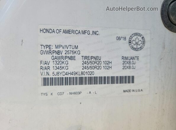 5J8YD4H49KL801020 2019 ACURA MDX White Vista de la etiqueta del VIN