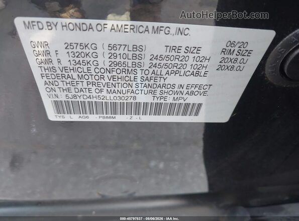 5J8YD4H52LL030278 2020 ACURA MDX Gray Vista del compartimento del motor