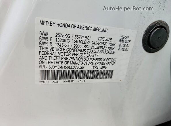 5J8YD4H56LL023625 2020 ACURA MDX White Widok komory silnika