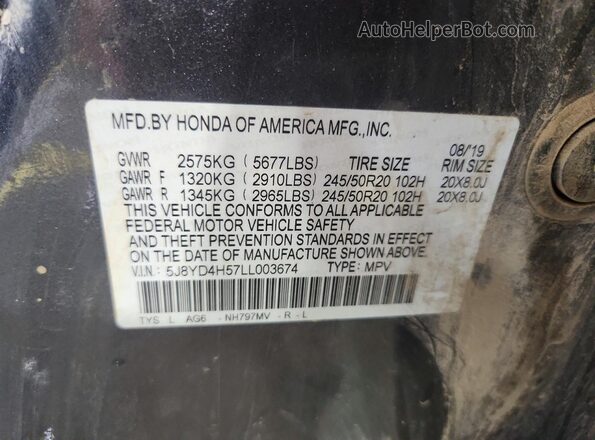 5J8YD4H57LL003674 2020 ACURA MDX Gray VIN sticker view