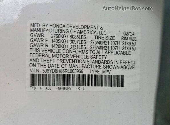 5J8YD8H86RL003966 2024 ACURA MDX White Widok naklejki z numerem VIN