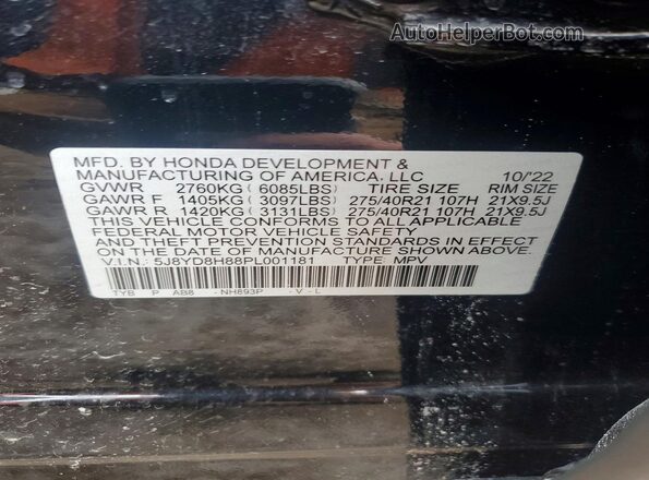 5J8YD8H88PL001181 2023 ACURA MDX Черный Вид наклейки с VIN-кодом