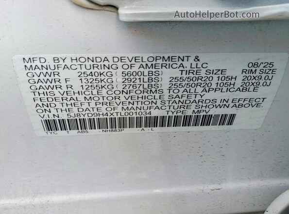 5J8YD9H4XTL001034 2026 ACURA MDX White Widok naklejki z numerem VIN