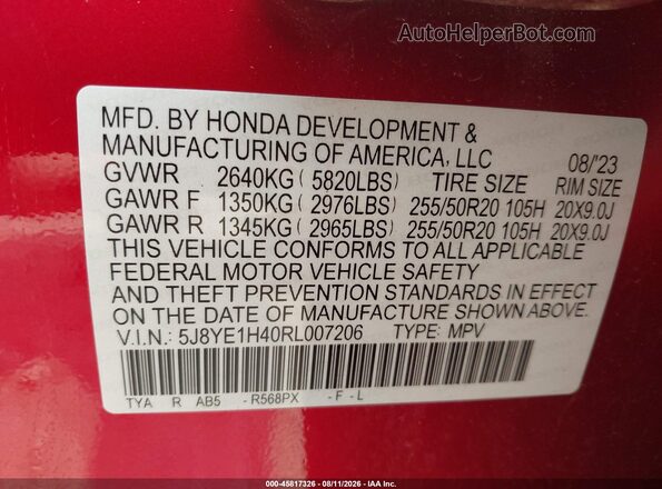 5J8YE1H40RL007206 2024 ACURA MDX Red Вид підкапотного простору