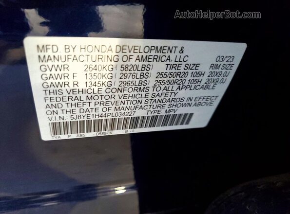 5J8YE1H44PL034227 2023 ACURA MDX Blue VIN კოდის სტიკერის ხედი