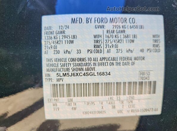 5LM5J6XC4SGL16834 2025 LINCOLN AVIATOR Черный Вид наклейки с VIN-кодом