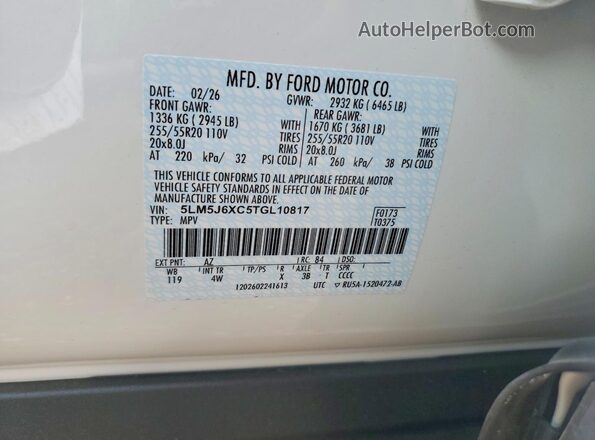 5LM5J6XC5TGL10817 2026 LINCOLN AVIATOR White Vista de la etiqueta del VIN