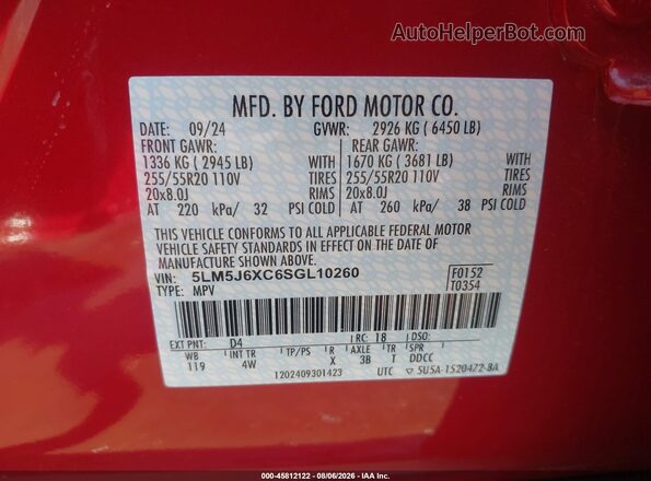5LM5J6XC6SGL10260 2025 LINCOLN AVIATOR Red Շարժիչի բաժամունքի տեսք