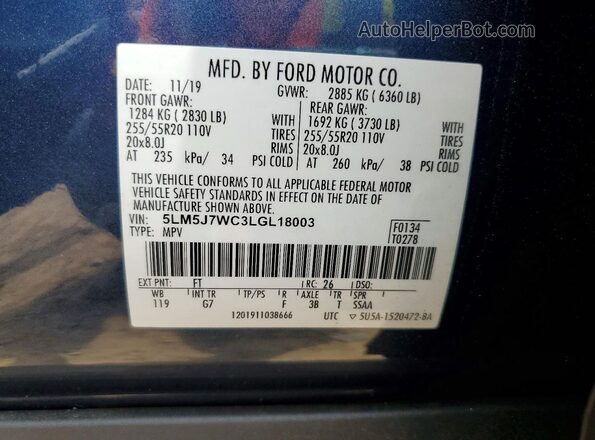 5LM5J7WC3LGL18003 2020 LINCOLN AVIATOR Синий Вид наклейки с VIN-кодом