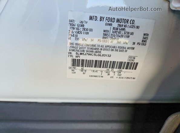 5LM5J7WC5LGL03132 2020 LINCOLN AVIATOR White Widok naklejki z numerem VIN