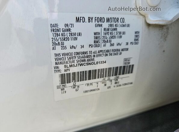 5LM5J7WC5NGL01934 2022 LINCOLN AVIATOR White VIN კოდის სტიკერის ხედი